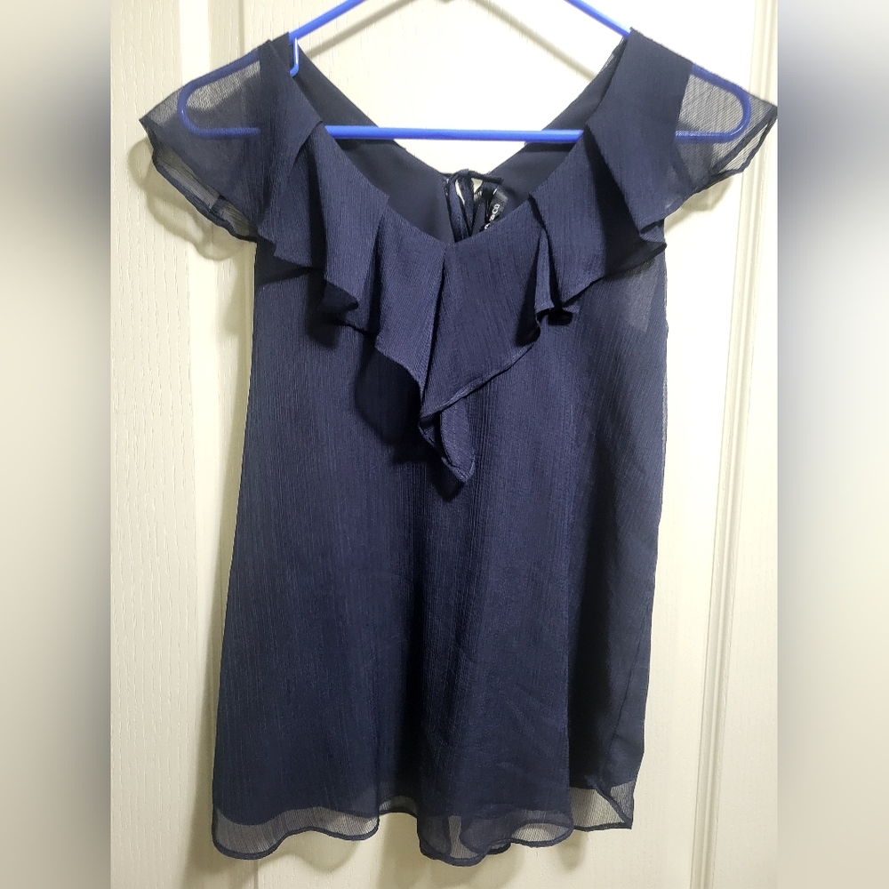 R W CO Blue Ruffled V-Neck Blouse